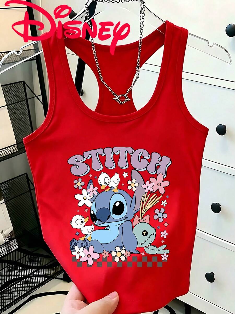 Disney Lilo & Stitch Print Sleeveless Crew Neck T-Shirt, Soft Breathable, Machine Washable For Outdoor Daily Sports Beach Wear - Đỏ - Xem 1