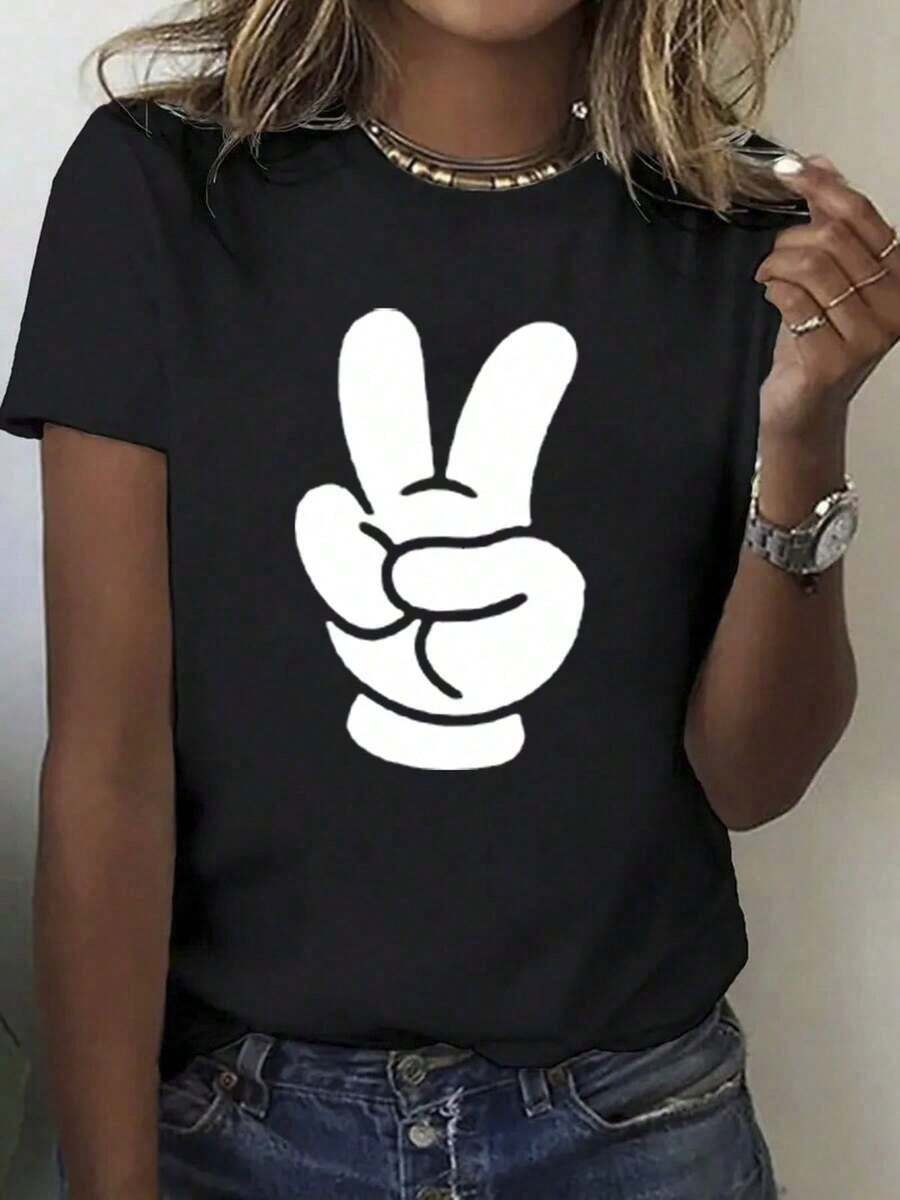 Camiseta con estampado de patrón Ye 100%, camiseta casual de temporada para mujer, camiseta de manga corta con cuello redondo, para deportes al aire libre, regalo de vacaciones. Transpirable y cómoda, ideal para deportes y ocio, blusa de cuello redondo, camisa > Hermosa. - Negro - Ver 1