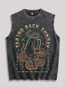 Men's Y2K Vintage Distressed Charcoal Gray Sleeveless Tank Top - Official TAKING BACK SUNDAY Rock Band Graphic Tee​ Featuring Dynamic Black Panth Er Pouncing On Snakes, Encircled By Razor Wire & Green Lightning, 100% Cotton Super Soft & Breathable, Emo Rock Streetwear Gift VS003-A - 黑色 - 查看 1