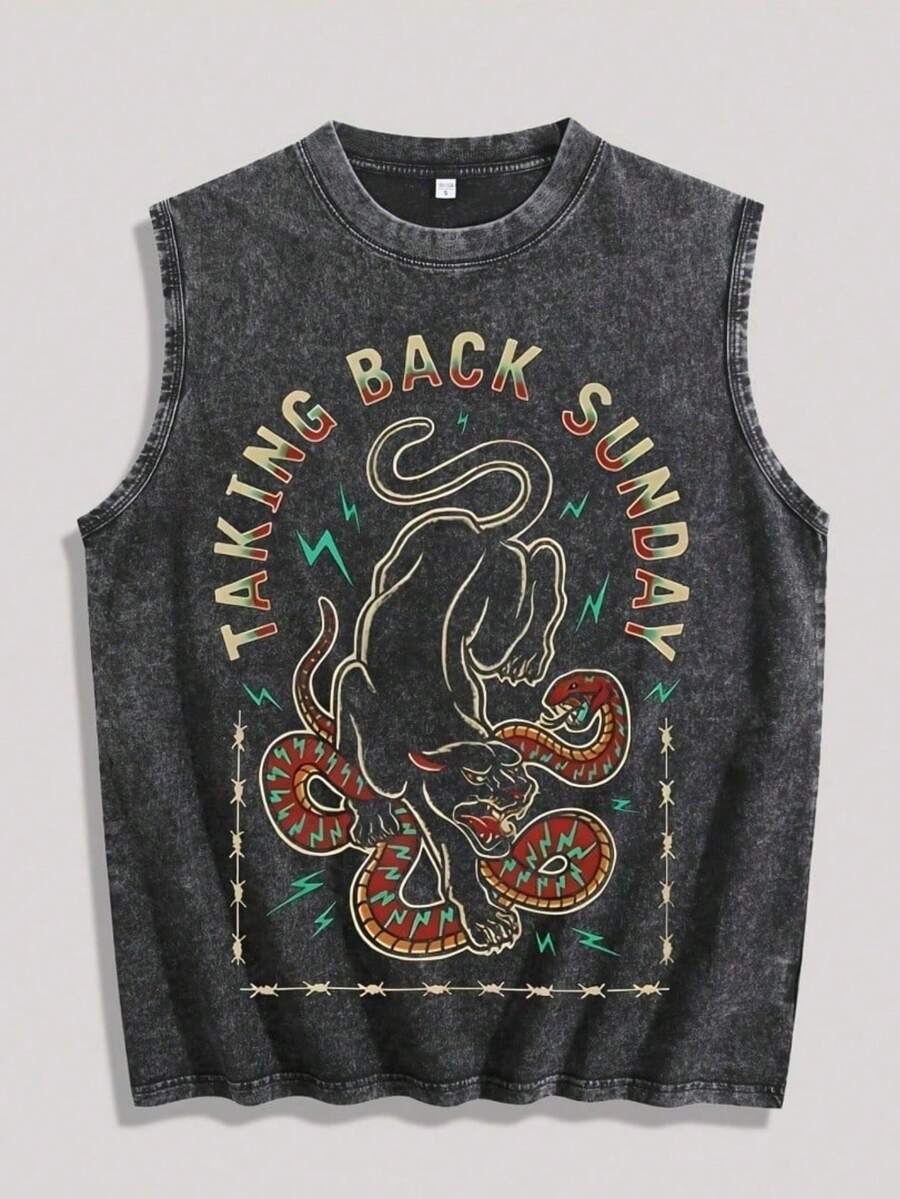 Men's Y2K Vintage Distressed Charcoal Gray Sleeveless Tank Top - Official TAKING BACK SUNDAY Rock Band Graphic Tee Featuring Dynamic Black Panth Er Pouncing On Snakes, Encircled By Razor Wire & Green Lightning, 100% Cotton Super Soft & Breathable, Emo Rock Streetwear Gift VS003-A - 黑色 - 查看 1