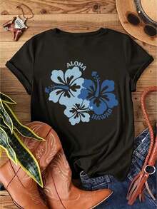 Under The Radar Women's Casual Black T-Shirt With Hawaiian Floral Aloha Print, Drop Shoulder, Short Sleeve, For Summer Vacation - Vintage Urban Style, Unisex, Cotton, Crew Neck, Short Sleeve - 黑色 - 查看 6