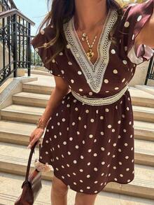 Vestido de verano con cintura fruncida y mangas de mariposa para mujer con cuello en V y estilo elegante - Marrón - Ver 5