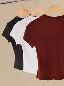Camiseta de manga corta de unicolor casual para mujer, versátil para el verano, conjuntos de camisetas para mujer, tops básicos para mujer, paquete múltiple de tops para mujer, camisetas de mujer, tops de manga corta para mujer - Multicolor 3 - Ver 6
