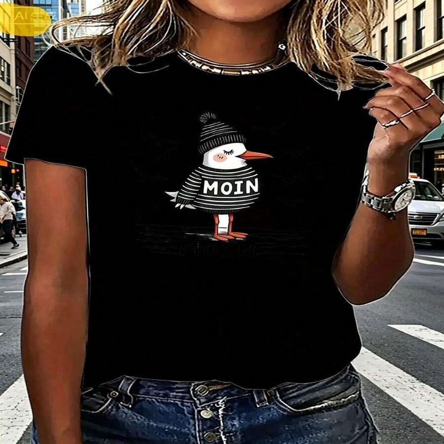 Womens Casual Cotton Short Sleeve Round Neck T-shirt with Moin Bird Print Regular Fit Top - Negro - Ver 1