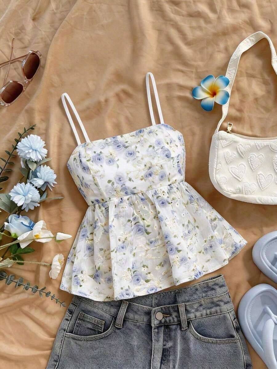 Top corto de campesina con bordado estilo vintage para mujer, verano, casual, boho, concierto country, rave, festival, western, brunch, playa, lindo, estilo hada, salir, tops bohemios, tops de fiesta, top negro, top de rave, top de camisola negr - Azul y blanco - Ver 1