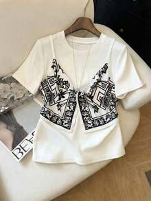 Camiseta de mujer de estilo minimalista francés, de punto, blanca, con diseño de giro 2 en 1, cuello redondo y manga corta, adecuada para el uso diario, el trabajo, la escuela, el maestro, el estudiante, las vacaciones, la playa y las fiestas, nu - Blanco y Negro - Ver 7