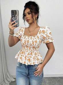 Blusa de mujer con estampado floral diminuto, mangas abullonadas y dobladillo con volantes - Amarillo - Ver 6