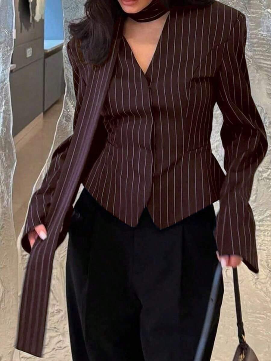 Chaqueta de blazer elegante a rayas para mujer, chaqueta de lujo de manga larga con cuello en V y bufanda anudada para mujer, prenda exterior de primavera - Rojo - Ver 1
