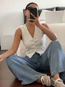Top sin mangas blanco puro con bordado, de estilo "Old Money", casual y lindo para verano, para salir - Albaricoque - Ver 6
