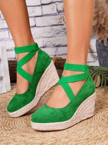 Giày đế xuồng và đế cao kiểu espadrille cho nữ, sandal quai ngang dệt màu đen mũi tròn thích hợp cho kỳ nghỉ biển, đế dây thừng co giãn, kết hợp với giày nữ. - màu xanh lá - Xem 5