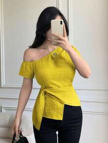 Blusa casual elegante de hombros con nudo, de corte slim para mujeres - Amarillo - Ver 8