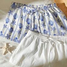 2-Piece Set, Versatile And Casual, One With Shell Print And One With Cotton And Linen, Suitable For Seaside Vacation,Comfy Shorts,Linen Pants Beach Summer Shorts - Blanco y Negro - Ver 5
