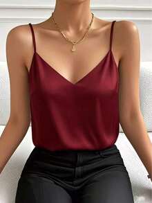 1 pieza Ropa de mujer de verano, blusa de satén de unicolor elegante y de moda sin mangas y con espalda descubierta, adecuada para el verano, citas por la noche, la oficina, vacaciones y uso casual diario - Burdeos - Ver 2