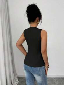 Camisa informal sin mangas de unicolor para el viaje del verano - Negro - Ver 2