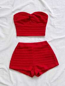 Conjunto de 2 piezas de top bandeau con textura y nudo delantero y shorts de unicolor para vacaciones de verano de mujer - Rojo - Ver 4