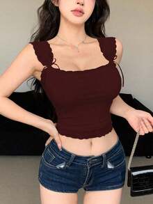 Camiseta ajustada sin mangas con adorno de encaje y atar para mujeres - Burdeos 2 - Ver 5