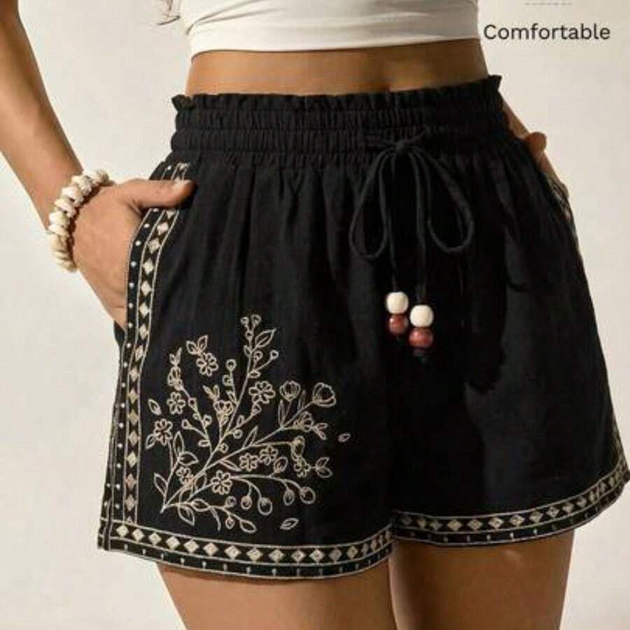 X Scot Louie White Woven Women's Casual Boho Color Block Embroidery Comfy Shorts Bead Strap Graduation - Negro - Ver 1