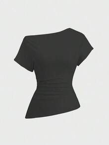 Camiseta de mujer de unicolor con pliegues, ajuste ceñido y hombro asimétrico de manga corta - Negro - Ver 7