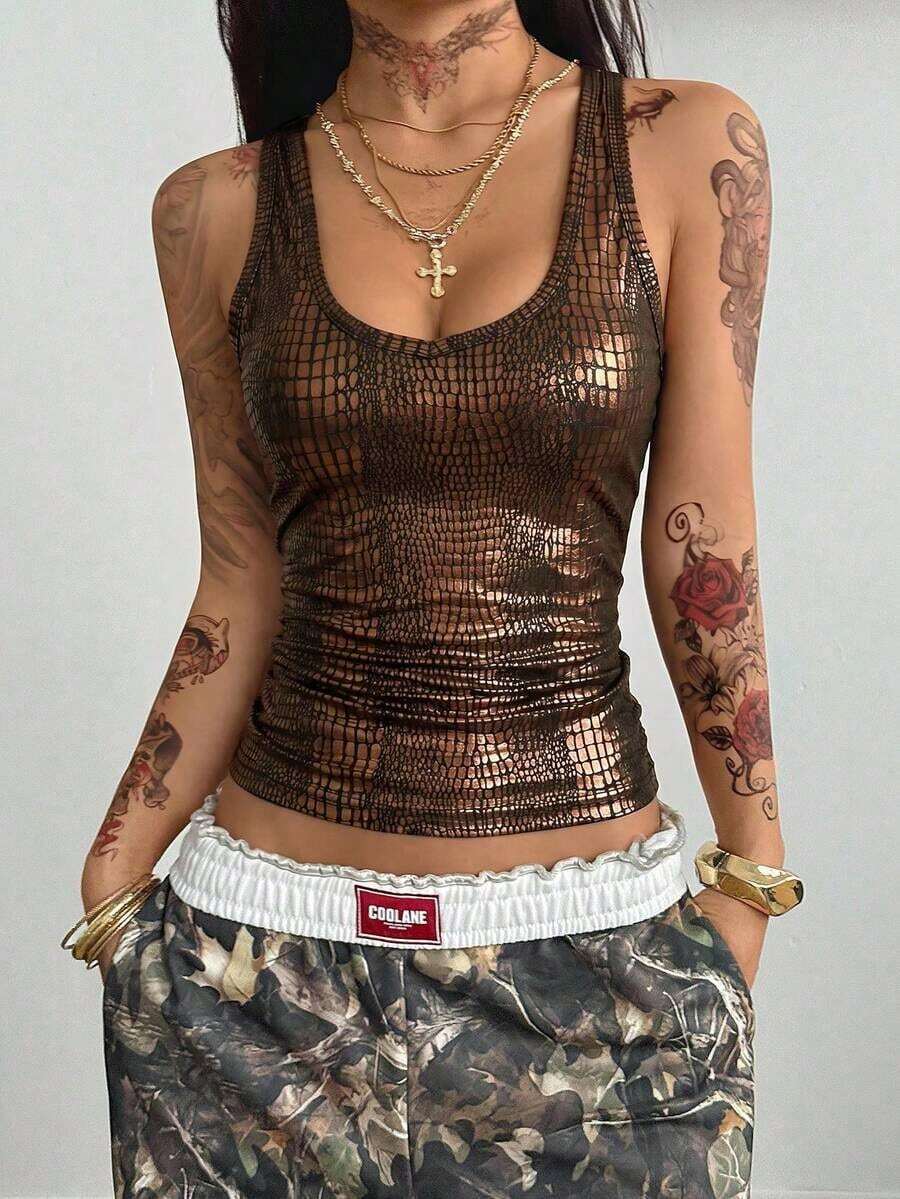 Camiseta de punto de verano con cuello en V gris, cómoda y elegante, con encaje de contraste, para salir y vacaciones - Marrón 2 - Ver 1