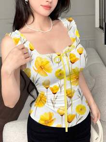 Top de tirantes con estampado de corazón y diseño de cintura ajustada, con lazo, moda de verano - Multicolor - Ver 6