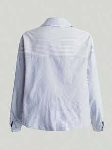 Camisa casual de manga larga con bolsillo, de ajuste suelto y hombros caídos, de unicolor, para primavera/verano, Top de manga larga - Azul y blanco - Ver 2