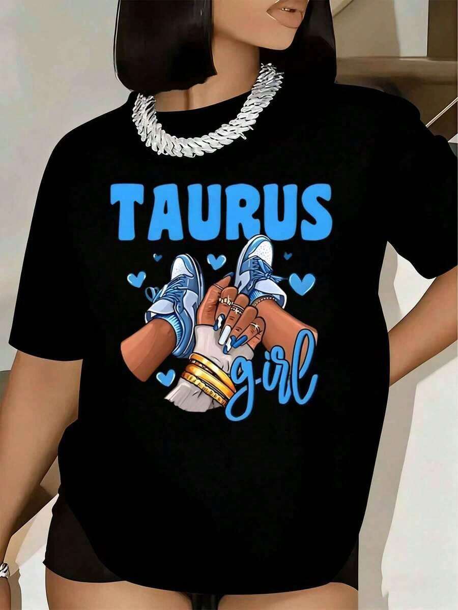 Manga corta, conjuntos de verano para mujer, camiseta de mujer con estampado de chica Tauro con zapatillas y corazones, manga corta, cuello redondo, ropa casual, 220g, tops de mujer vintage. - Negro - Ver 1