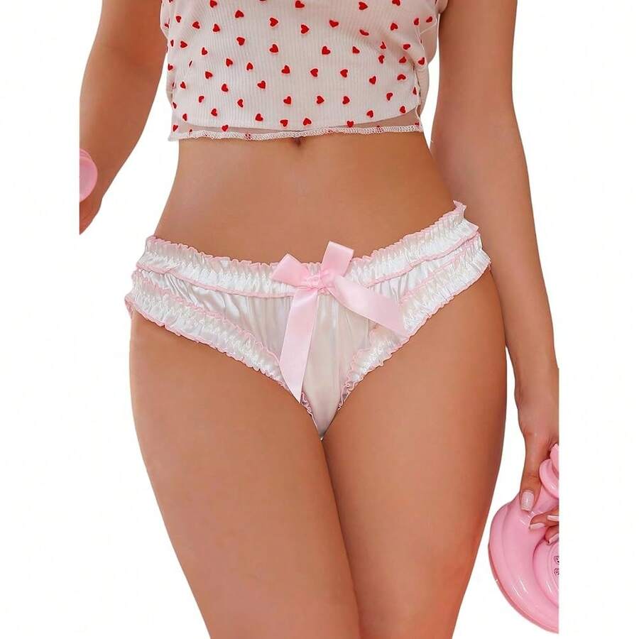 Women's Satin Bow Panty Lace Trim Low Rise Cute Bikini Underwear Silky Panty Brief - 白色 - 查看 1
