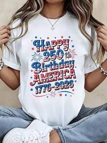Happy 250th Anniversary Of America's Independence 1776-2026, Women's Independence Day Patriotic T-Shirt, White Graphic Tee, Celebration Tee With US Flag Design - 白色 - 查看 1