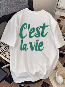 Camiseta Casual Blanca de Cuello Redondo y Manga Corta para Mujer con Estampado del Slogan "C'est la vie", Hombros Caídos, Corte Regular RRHF - Blanco - Ver 6