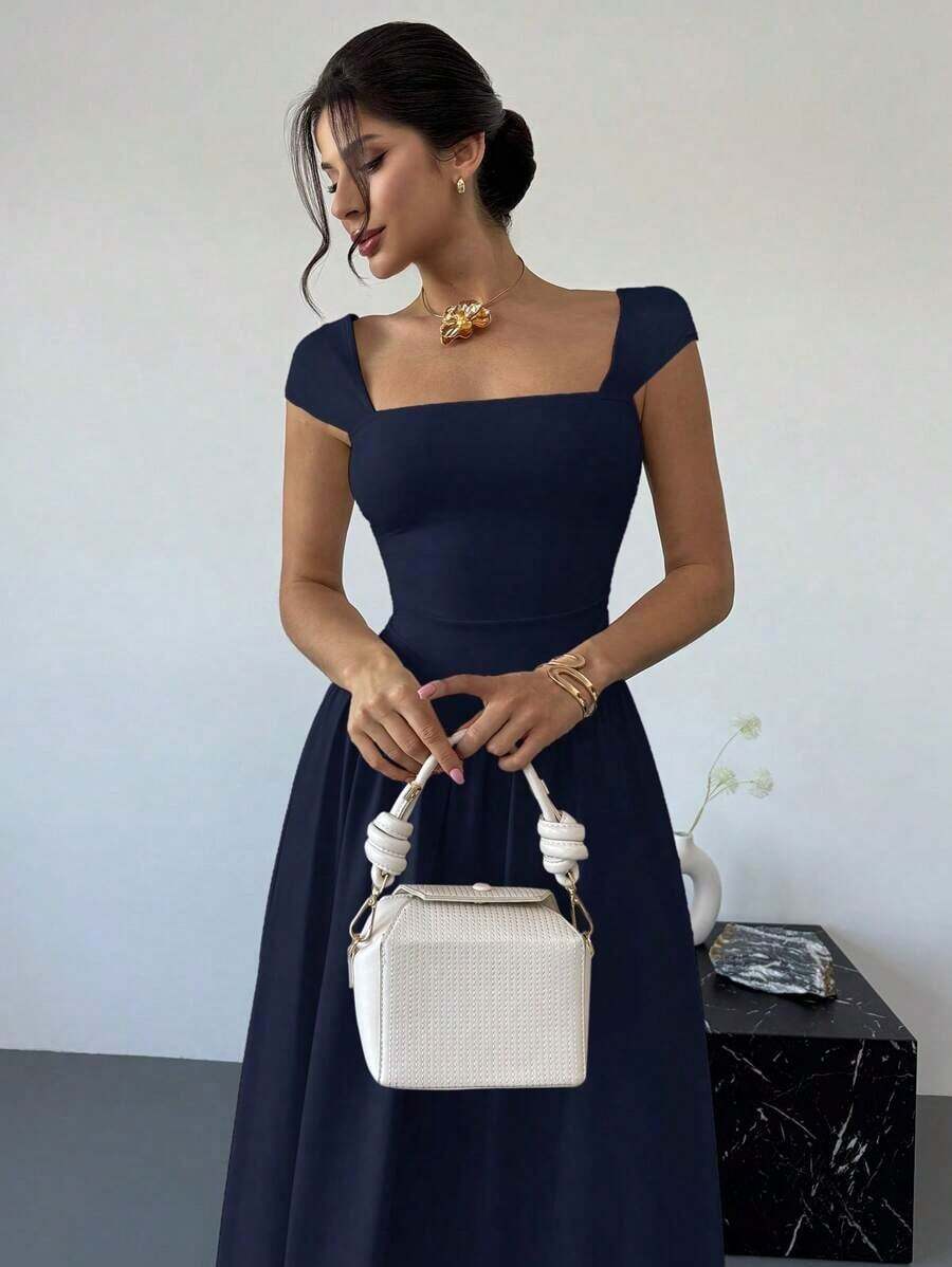 Vestido largo elegante con cuello cuadrado, mangas de campana y lazo en la cintura, con pliegues.Adecuado para citas, primavera/verano, vestidos de verano para mujeres - Azul marino - Ver 1