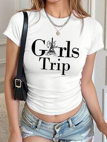 Camiseta corta de manga corta Y2K con cuello redondo y estampado de la Torre Eiffel de viaje a París, primavera verano, ropa de mujer - Blanco - Ver 6