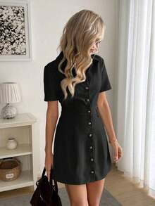Vestido camisero de mujer de manga corta con rayas - Negro - Ver 6