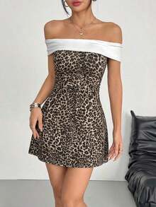 Vestido mini de punto negro y blanco con hombros descubiertos para mujer - Multicolor - Ver 5