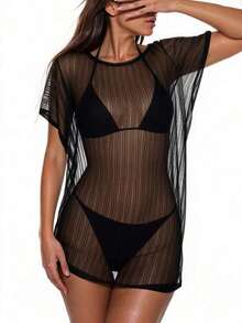 Swim Vcay Cubierta/chal De Manga Corta De Malla Transparente - Negro - Ver 6