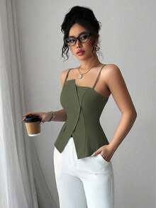 Elenzya 2025 Nuevo diseño asimétrico azul, versátil y casual con cintura ceñida, camiseta de tirantes para uso diario - Verde militar - Ver 4