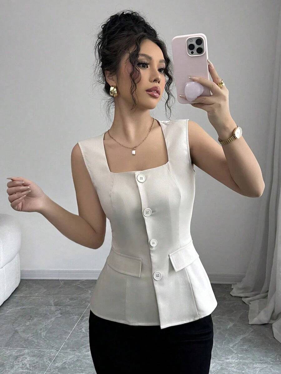 Blusa elegante de mujer con cuello cuadrado sin mangas, decoración con bolsillo falso, camisa ajustada de oficina, primavera/verano - Albaricoque - Ver 1