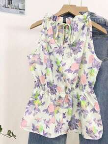 Blusa casual versátil de uso diario con estampado floral y pliegues para mujer - Verde - Ver 2
