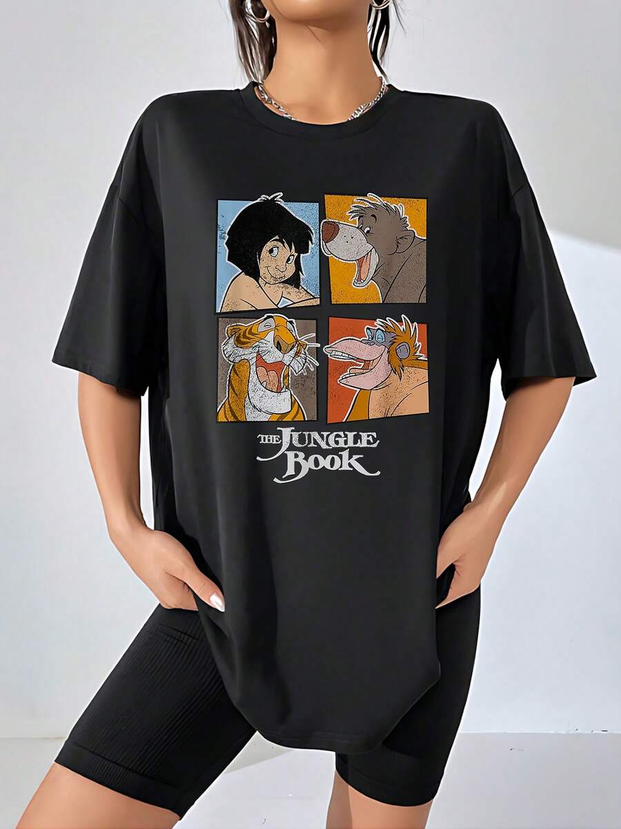 Ilustración colorida con personajes de una selva mágica que transmiten amistad libertad y aventura en un cuadro retro inspirador camiseta de mujer casual cómoda para diario - Negro - Ver 1