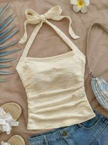 Parte superior corta ajustada con cuello de halter casual para vacaciones de mujer, verano de mujer, sin espalda, ropa de vacaciones de mujer, lunares, primavera de mujer, verano, parte superior para salir de mujer, vacaciones de mujer - Albaricoque - Ver 6