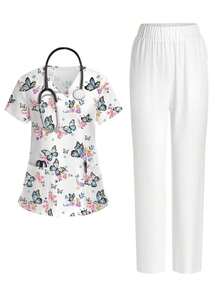 Conjunto de 2 piezas con top de manga corta con cuello en V blanco con bolsillo y diseño de oreja colgante, estampado de mariposa y flores, y pantalón recto para mujer, uniforme de enfermera de primavera/verano, conjunto casual, uniforme - Multicolor 5 - Ver 7