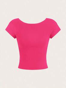 Camiseta casual de mujer de cuello de pico, manga corta y ajustada, versátil - Rosa Fucsia - Ver 3
