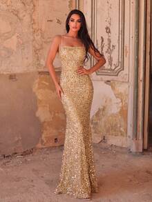 Faeriesty Elegant Lace-Up Backless Sequin Prom Dress - Champagne - View 2