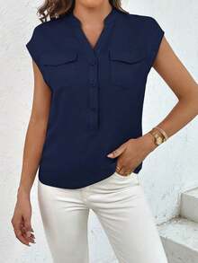 Camisa casual de mujer de manga corta con bolsillo, cuello en V con muesca y unicolor para uso laboral - Azul marino - Ver 6