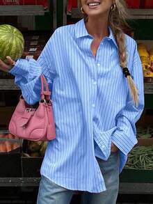 Camisa de manga larga con estampado de rayas, versátil y casual para vacaciones, para mujer - Azul - Ver 4