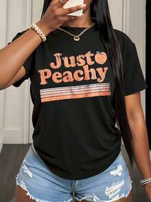 Just Peachy Women's Vintage Graphic T-Shirt, Casual Summer Top, Retro Peach Print T-Shirt, Fashionable Garment For Daily Wear And Festival Season, Suitable For Spring, Summer And Autumn. - 黑色 - 查看 1