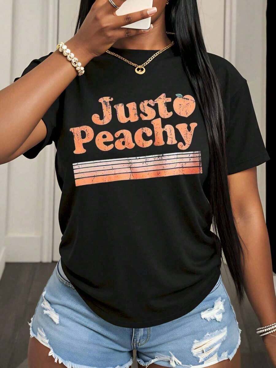 Just Peachy Women's Vintage Graphic T-Shirt, Casual Summer Top, Retro Peach Print T-Shirt, Fashionable Garment For Daily Wear And Festival Season, Suitable For Spring, Summer And Autumn. - 黑色 - 查看 1