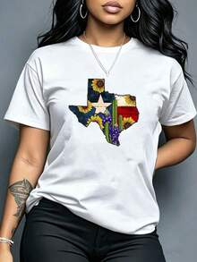 Camiseta de manga corta casual de verano con gráfico impreso del estado de Texas que incluye la bandera, girasol, cactus y flor azul, un básico casual de uso diario - Blanco - Ver 2