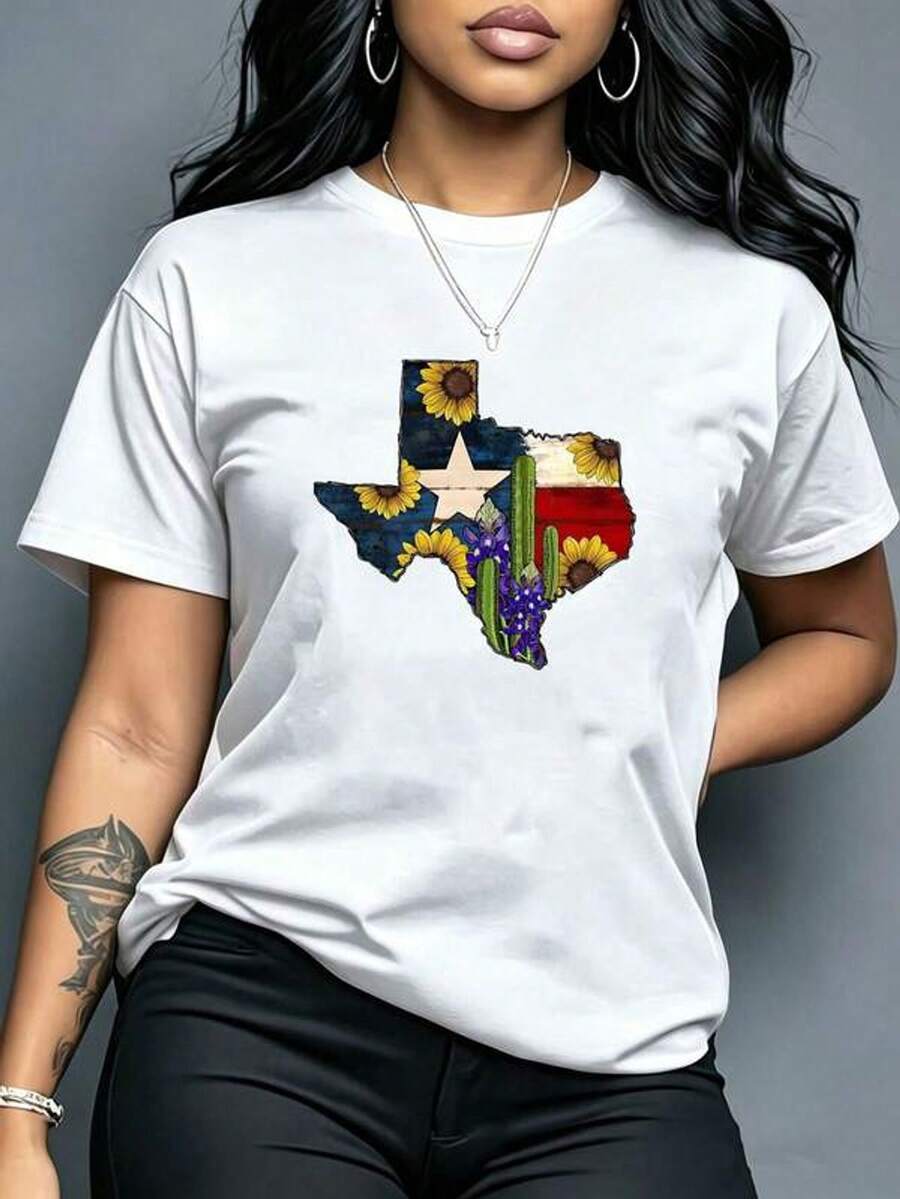 Camiseta de manga corta casual de verano con gráfico impreso del estado de Texas que incluye la bandera, girasol, cactus y flor azul, un básico casual de uso diario