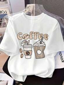 Camiseta uni para amantes del café con estampado de granos de café y taza - Camiseta casual de manga corta y cuello redondo para hombres y mujeres, regalo del Día de San Valentín, prendas con tema de café, regalos para mamá, atuendos de verano para mujeres, suéter para mujer, conjunto de mujer - Blanco - Ver 2