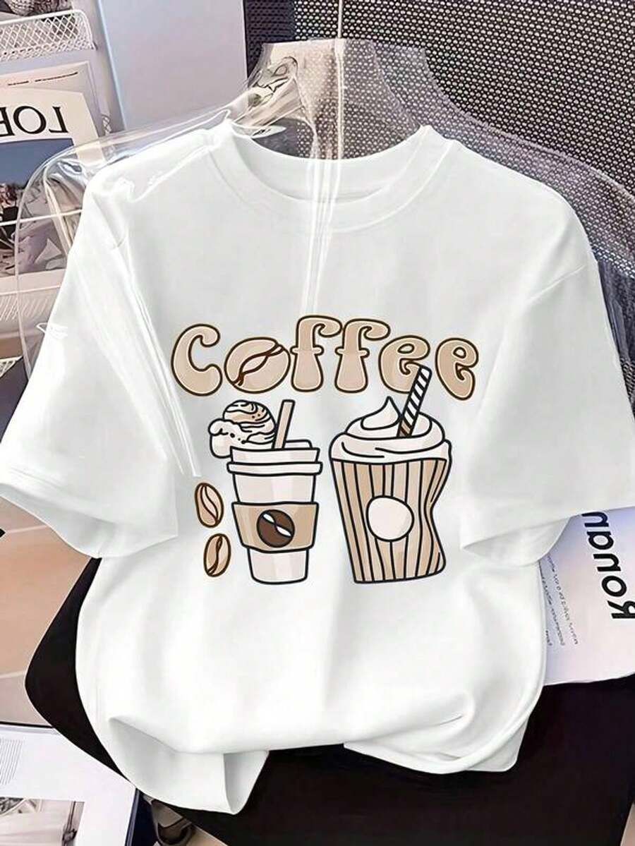 Camiseta uni para amantes del café con estampado de granos de café y taza - Camiseta casual de manga corta y cuello redondo para hombres y mujeres, regalo del Día de San Valentín, prendas con tema de café, regalos para mamá, atuendos de verano para mujeres, suéter para mujer, conjunto de mujer